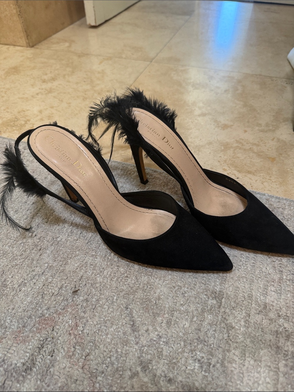 Dior Black Feather Trim Slingback Pumps